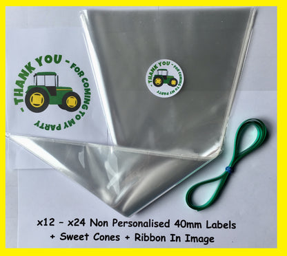 12/24 Non Personalised Tractor Birthday Party Labels + Sweet Cones Kit