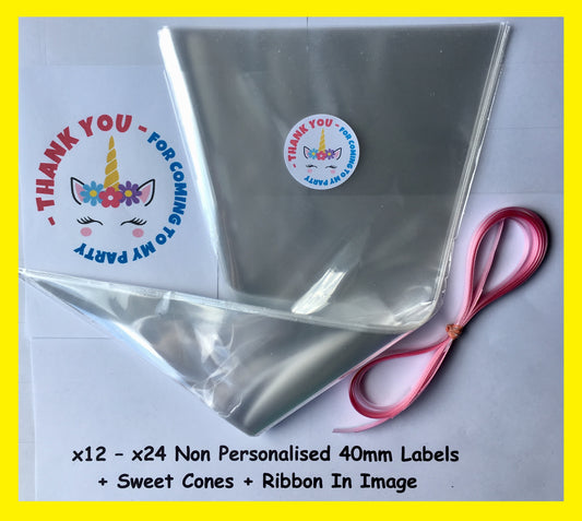 12/24 Non Personalised Unicorn Head Birthday Party Labels + Sweet Cones Kit