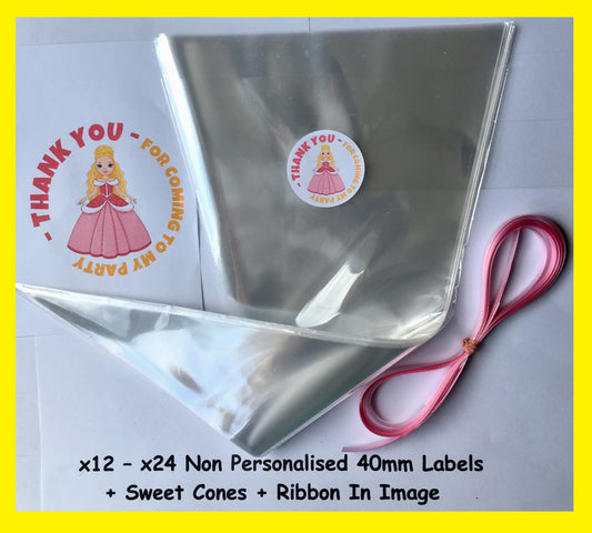 12/24 Non Personalised Princess Birthday Party Labels + Sweet Cones Kit