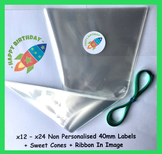 12/24 Non Personalised Rocket Birthday Party Labels + Sweet Cones Kit